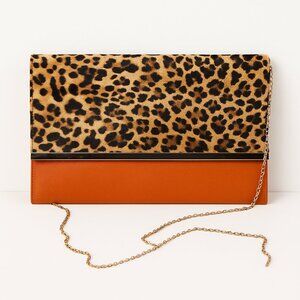 Leopard Print & Orange Colorblock Clutch with Gold Chain Strap – Bold Statement